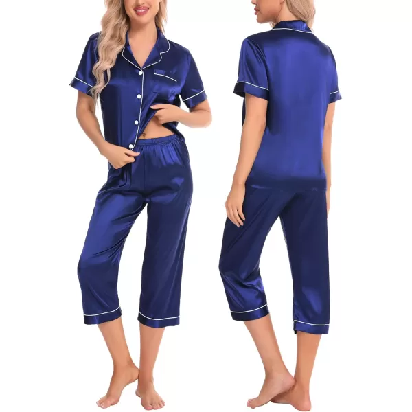 SWOMOG Women 3 PCS Silk Satin Pajama Set Short Sleeve Pjs Set Button Down Sleepwear Bridal Lounge Sets Shorts and Capri PantsNavy Blue