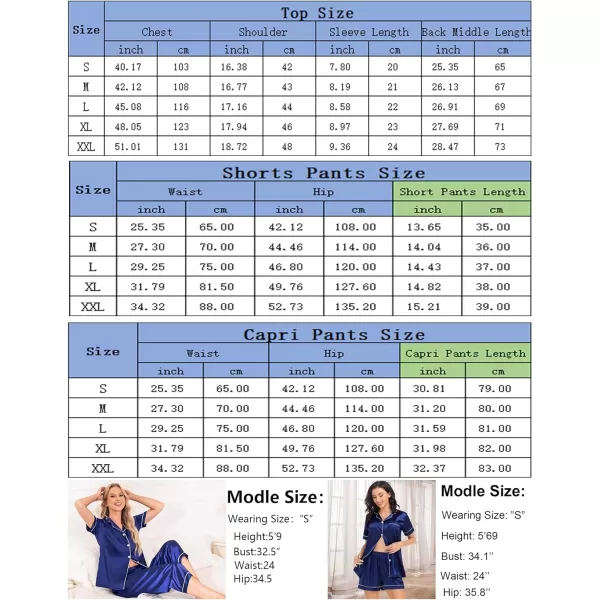 SWOMOG Women 3 PCS Silk Satin Pajama Set Short Sleeve Pjs Set Button Down Sleepwear Bridal Lounge Sets Shorts and Capri PantsNavy Blue