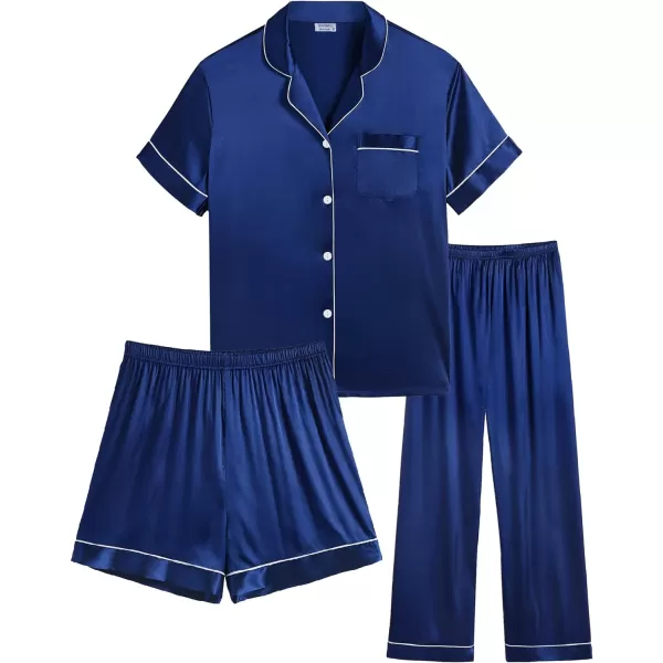 SWOMOG Women 3 PCS Silk Satin Pajama Set Short Sleeve Pjs Set Button Down Sleepwear Bridal Lounge Sets Shorts and Capri PantsNavy Blue