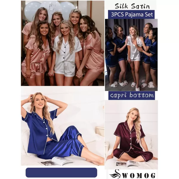 SWOMOG Women 3 PCS Silk Satin Pajama Set Short Sleeve Pjs Set Button Down Sleepwear Bridal Lounge Sets Shorts and Capri PantsNavy Blue