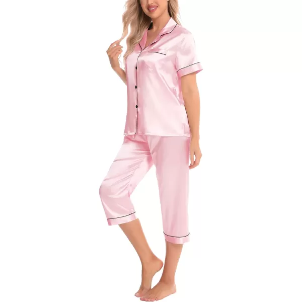 SWOMOG Women 3 PCS Silk Satin Pajama Set Short Sleeve Pjs Set Button Down Sleepwear Bridal Lounge Sets Shorts and Capri PantsPink