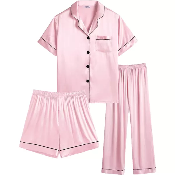 SWOMOG Women 3 PCS Silk Satin Pajama Set Short Sleeve Pjs Set Button Down Sleepwear Bridal Lounge Sets Shorts and Capri PantsPink