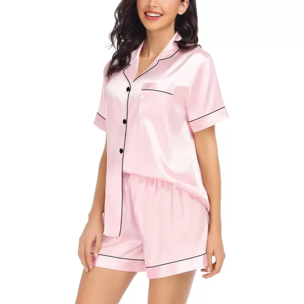 SWOMOG Women 3 PCS Silk Satin Pajama Set Short Sleeve Pjs Set Button Down Sleepwear Bridal Lounge Sets Shorts and Capri PantsPink