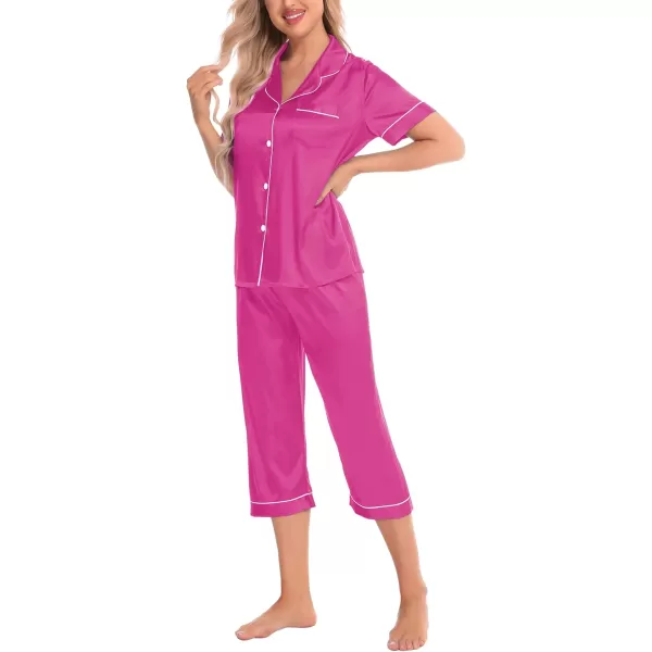 SWOMOG Women 3 PCS Silk Satin Pajama Set Short Sleeve Pjs Set Button Down Sleepwear Bridal Lounge Sets Shorts and Capri PantsRose Red