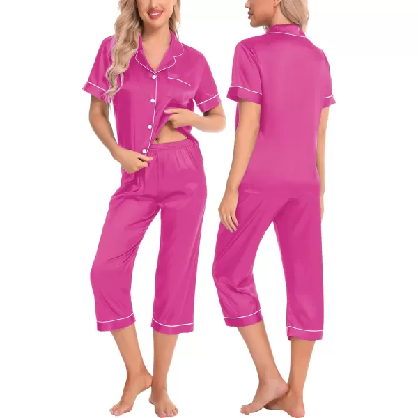 SWOMOG Women 3 PCS Silk Satin Pajama Set Short Sleeve Pjs Set Button Down Sleepwear Bridal Lounge Sets Shorts and Capri PantsRose Red