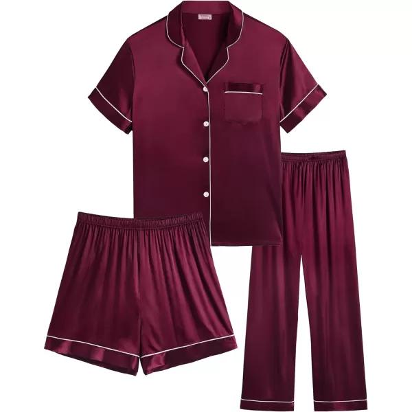 SWOMOG Women 3 PCS Silk Satin Pajama Set Short Sleeve Pjs Set Button Down Sleepwear Bridal Lounge Sets Shorts and Capri PantsWine Red