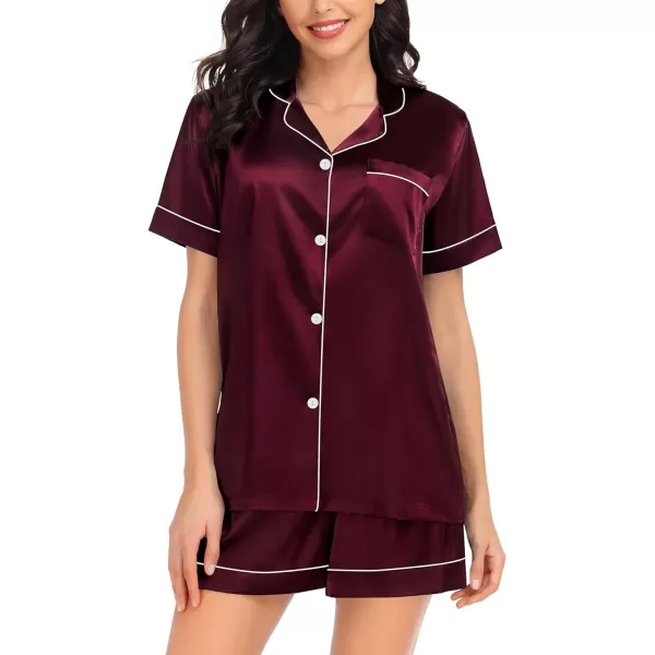 SWOMOG Women 3 PCS Silk Satin Pajama Set Short Sleeve Pjs Set Button Down Sleepwear Bridal Lounge Sets Shorts and Capri PantsWine Red