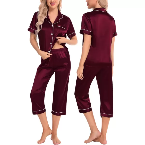 SWOMOG Women 3 PCS Silk Satin Pajama Set Short Sleeve Pjs Set Button Down Sleepwear Bridal Lounge Sets Shorts and Capri PantsWine Red