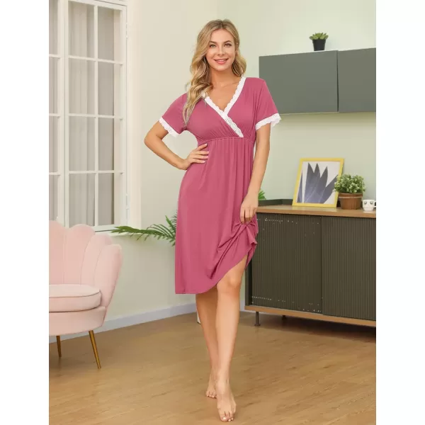 SWOMOG Women 3 in 1 DeliveryLaborNursing Nightgown Short Sleeve Pleated Maternity Sleepwear for BreastfeedingCoral