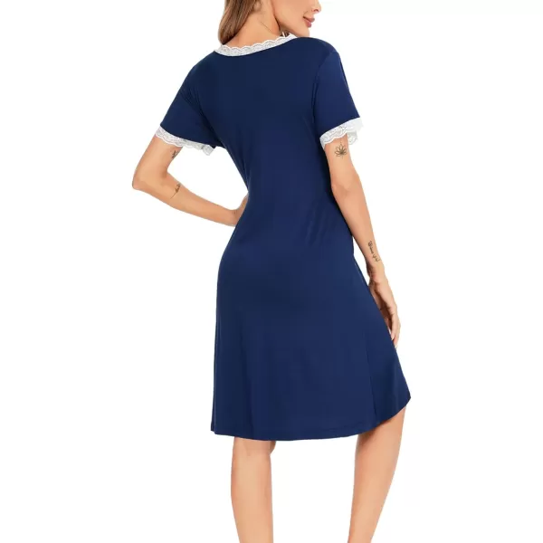 SWOMOG Women 3 in 1 DeliveryLaborNursing Nightgown Short Sleeve Pleated Maternity Sleepwear for BreastfeedingNavy Blue