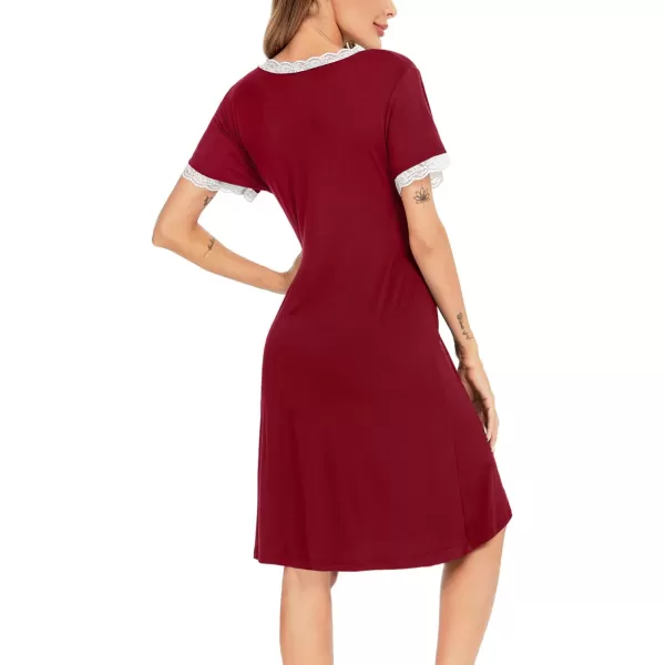 SWOMOG Women 3 in 1 DeliveryLaborNursing Nightgown Short Sleeve Pleated Maternity Sleepwear for BreastfeedingWine Red