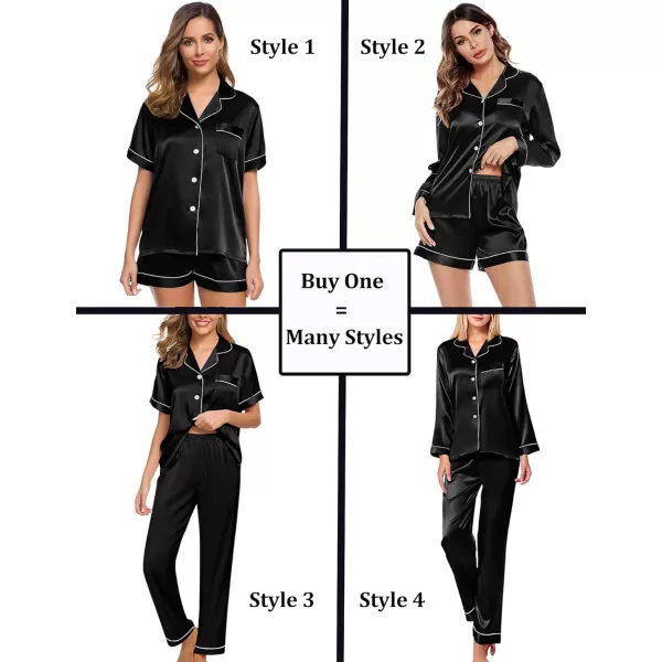 SWOMOG Women 4 Pcs Silk Satin Pajamas Set Button Down Sleepwear Loungewear Pj SetsBlack