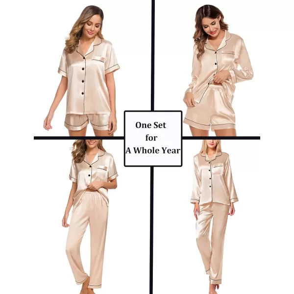 SWOMOG Women 4 Pcs Silk Satin Pajamas Set Button Down Sleepwear Loungewear Pj SetsChampagne