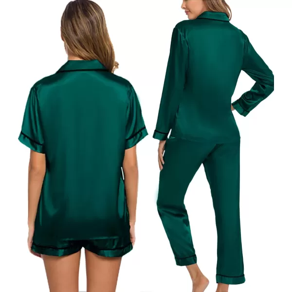 SWOMOG Women 4 Pcs Silk Satin Pajamas Set Button Down Sleepwear Loungewear Pj SetsDeep Green