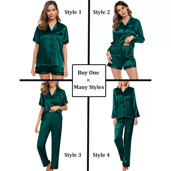 SWOMOG Women 4 Pcs Silk Satin Pajamas Set Button Down Sleepwear Loungewear Pj SetsDeep Green