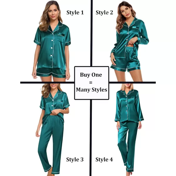 SWOMOG Women 4 Pcs Silk Satin Pajamas Set Button Down Sleepwear Loungewear Pj SetsGreen