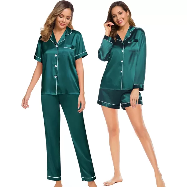 SWOMOG Women 4 Pcs Silk Satin Pajamas Set Button Down Sleepwear Loungewear Pj SetsGreen