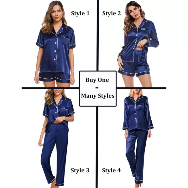 SWOMOG Women 4 Pcs Silk Satin Pajamas Set Button Down Sleepwear Loungewear Pj SetsNavy Blue