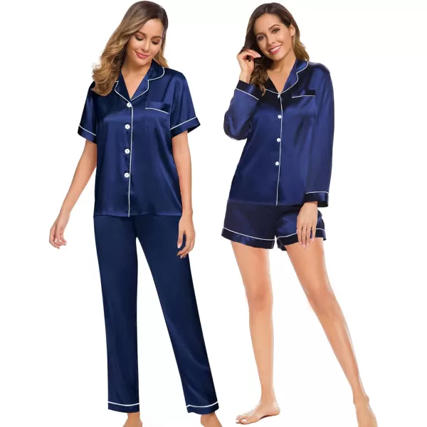 SWOMOG Women 4 Pcs Silk Satin Pajamas Set Button Down Sleepwear Loungewear Pj SetsNavy Blue