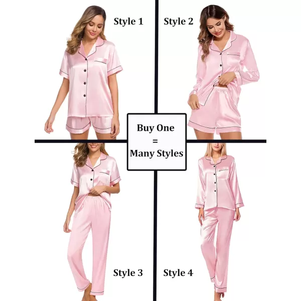 SWOMOG Women 4 Pcs Silk Satin Pajamas Set Button Down Sleepwear Loungewear Pj SetsPink