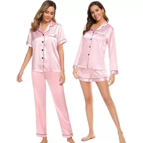 SWOMOG Women 4 Pcs Silk Satin Pajamas Set Button Down Sleepwear Loungewear Pj SetsPink