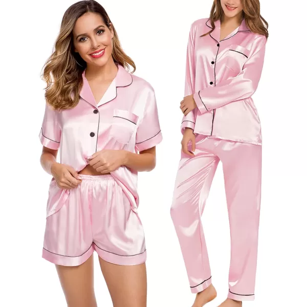 SWOMOG Women 4 Pcs Silk Satin Pajamas Set Button Down Sleepwear Loungewear Pj SetsPink