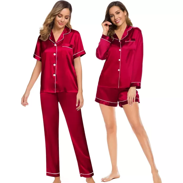 SWOMOG Women 4 Pcs Silk Satin Pajamas Set Button Down Sleepwear Loungewear Pj SetsRed