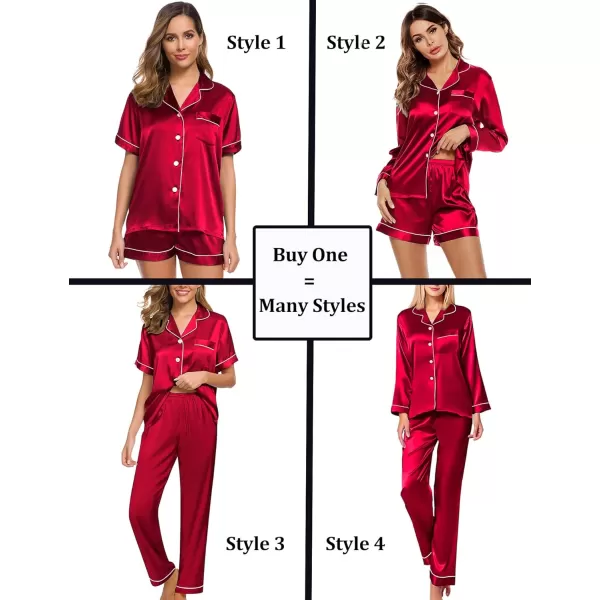 SWOMOG Women 4 Pcs Silk Satin Pajamas Set Button Down Sleepwear Loungewear Pj SetsRed