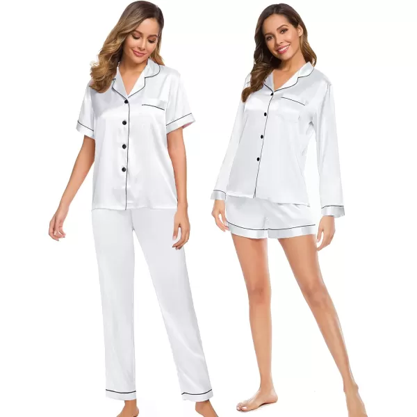 SWOMOG Women 4 Pcs Silk Satin Pajamas Set Button Down Sleepwear Loungewear Pj SetsWhite