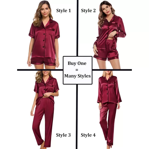 SWOMOG Women 4 Pcs Silk Satin Pajamas Set Button Down Sleepwear Loungewear Pj SetsWine Red