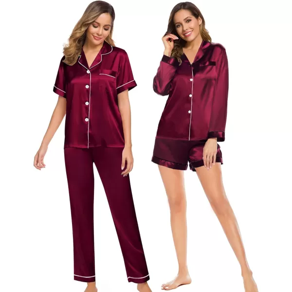 SWOMOG Women 4 Pcs Silk Satin Pajamas Set Button Down Sleepwear Loungewear Pj SetsWine Red