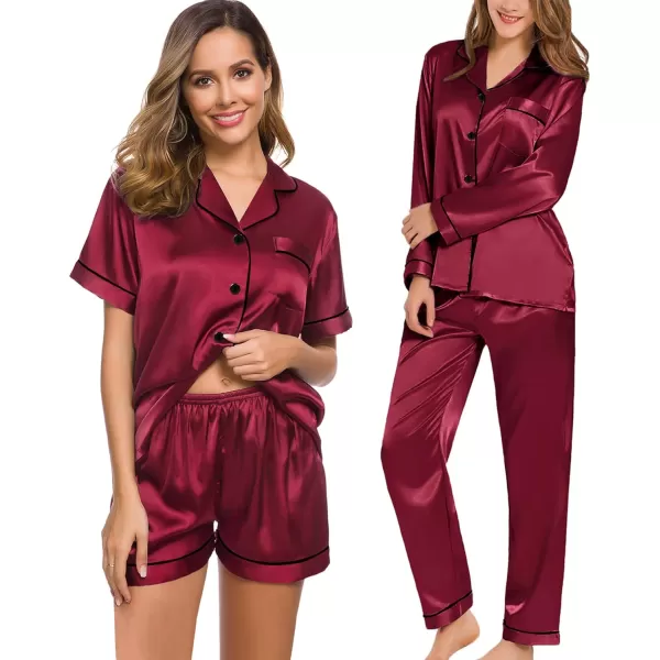 SWOMOG Women 4 Pcs Silk Satin Pajamas Set Button Down Sleepwear Loungewear Pj SetsWine Red