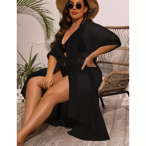 SWOMOG Women Cover Ups Plus Size Swimsuit Chiffon Kimono Long Cardigan Open Front Bathing Suit Summer Flowy Bikini BeachwearBlack