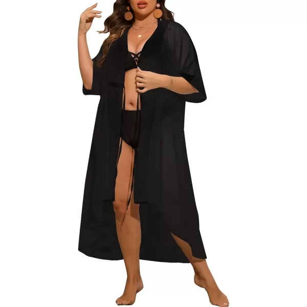 SWOMOG Women Cover Ups Plus Size Swimsuit Chiffon Kimono Long Cardigan Open Front Bathing Suit Summer Flowy Bikini BeachwearBlack