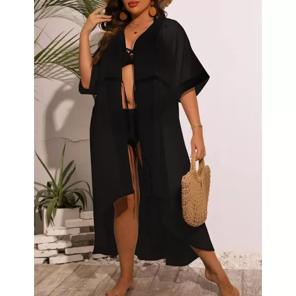 SWOMOG Women Cover Ups Plus Size Swimsuit Chiffon Kimono Long Cardigan Open Front Bathing Suit Summer Flowy Bikini BeachwearBlack