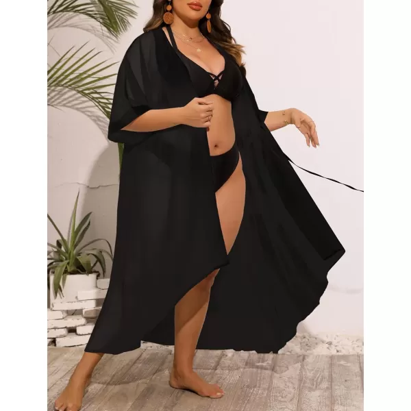 SWOMOG Women Cover Ups Plus Size Swimsuit Chiffon Kimono Long Cardigan Open Front Bathing Suit Summer Flowy Bikini BeachwearBlack