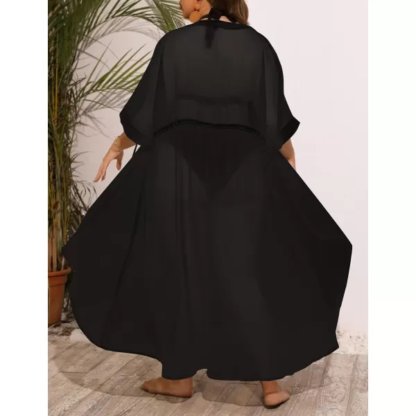 SWOMOG Women Cover Ups Plus Size Swimsuit Chiffon Kimono Long Cardigan Open Front Bathing Suit Summer Flowy Bikini BeachwearBlack