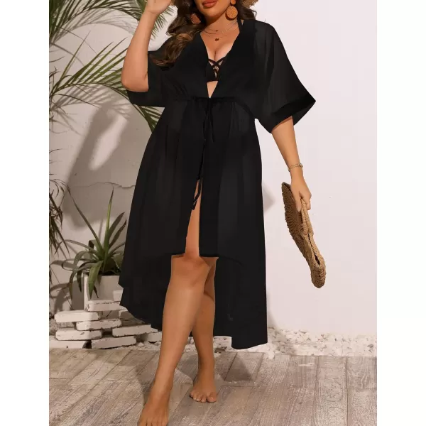 SWOMOG Women Cover Ups Plus Size Swimsuit Chiffon Kimono Long Cardigan Open Front Bathing Suit Summer Flowy Bikini BeachwearBlack