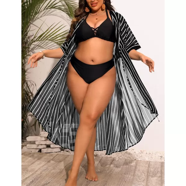 SWOMOG Women Cover Ups Plus Size Swimsuit Chiffon Kimono Long Cardigan Open Front Bathing Suit Summer Flowy Bikini BeachwearBlack Stripe