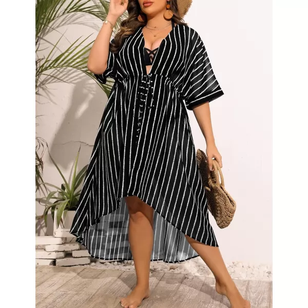 SWOMOG Women Cover Ups Plus Size Swimsuit Chiffon Kimono Long Cardigan Open Front Bathing Suit Summer Flowy Bikini BeachwearBlack Stripe