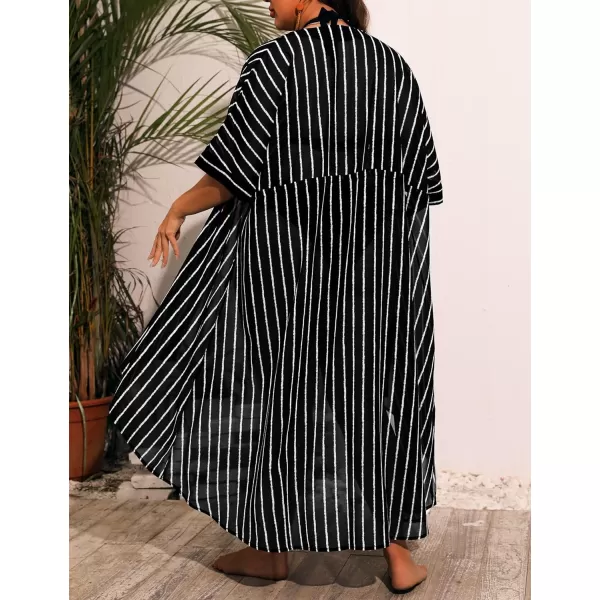 SWOMOG Women Cover Ups Plus Size Swimsuit Chiffon Kimono Long Cardigan Open Front Bathing Suit Summer Flowy Bikini BeachwearBlack Stripe