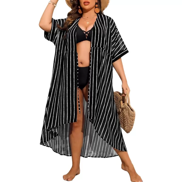 SWOMOG Women Cover Ups Plus Size Swimsuit Chiffon Kimono Long Cardigan Open Front Bathing Suit Summer Flowy Bikini BeachwearBlack Stripe