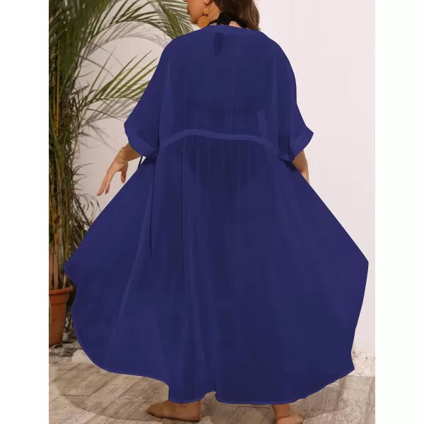 SWOMOG Women Cover Ups Plus Size Swimsuit Chiffon Kimono Long Cardigan Open Front Bathing Suit Summer Flowy Bikini BeachwearNavy Blue