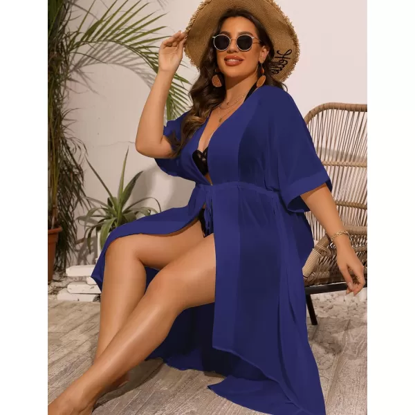 SWOMOG Women Cover Ups Plus Size Swimsuit Chiffon Kimono Long Cardigan Open Front Bathing Suit Summer Flowy Bikini BeachwearNavy Blue