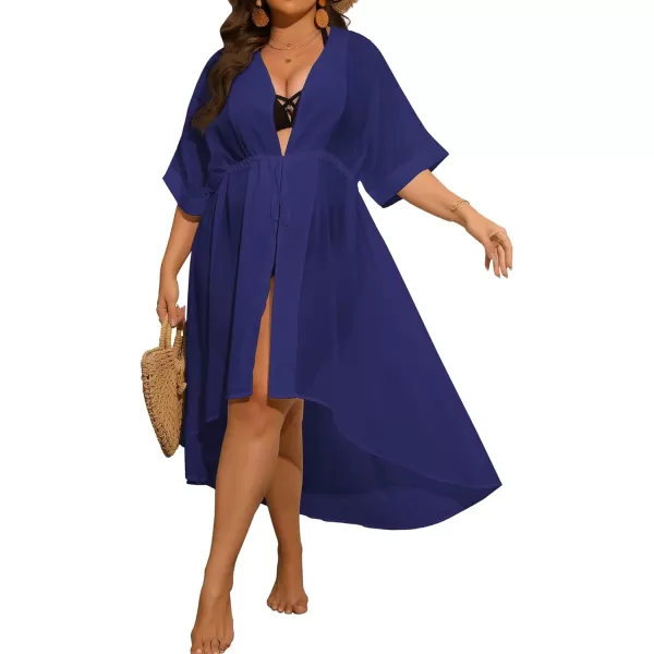 SWOMOG Women Cover Ups Plus Size Swimsuit Chiffon Kimono Long Cardigan Open Front Bathing Suit Summer Flowy Bikini BeachwearNavy Blue