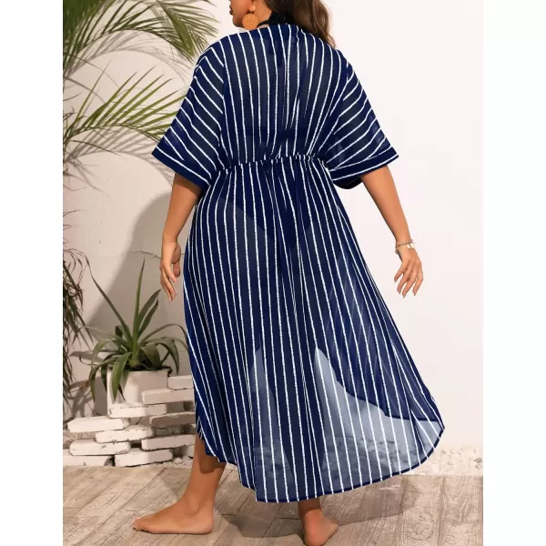 SWOMOG Women Cover Ups Plus Size Swimsuit Chiffon Kimono Long Cardigan Open Front Bathing Suit Summer Flowy Bikini BeachwearNavy Blue Stripe