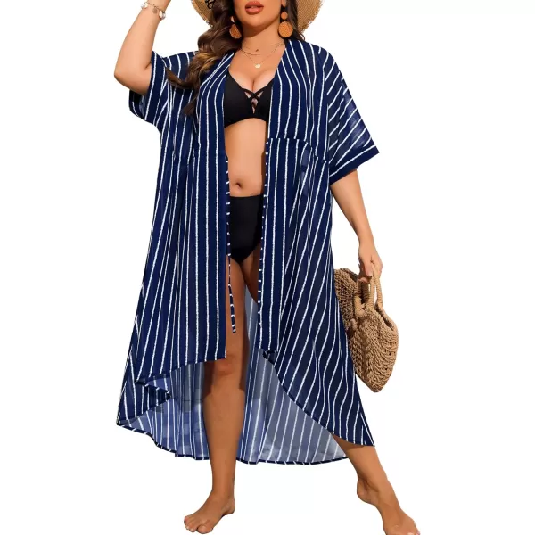 SWOMOG Women Cover Ups Plus Size Swimsuit Chiffon Kimono Long Cardigan Open Front Bathing Suit Summer Flowy Bikini BeachwearNavy Blue Stripe