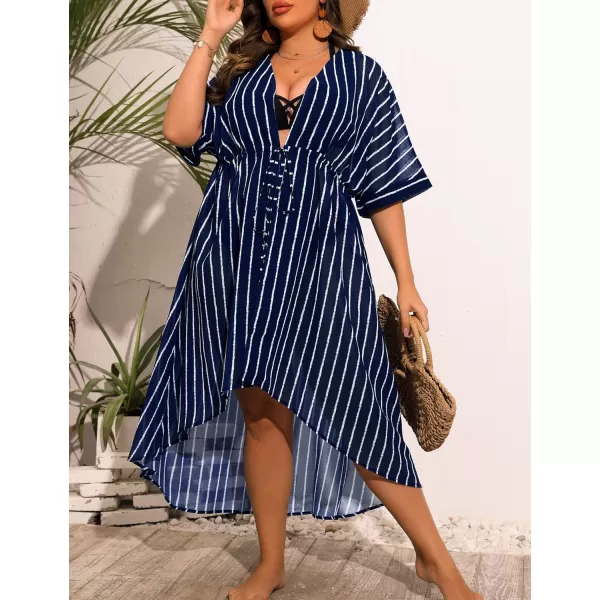 SWOMOG Women Cover Ups Plus Size Swimsuit Chiffon Kimono Long Cardigan Open Front Bathing Suit Summer Flowy Bikini BeachwearNavy Blue Stripe