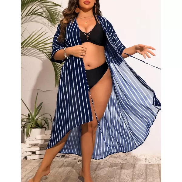 SWOMOG Women Cover Ups Plus Size Swimsuit Chiffon Kimono Long Cardigan Open Front Bathing Suit Summer Flowy Bikini BeachwearNavy Blue Stripe