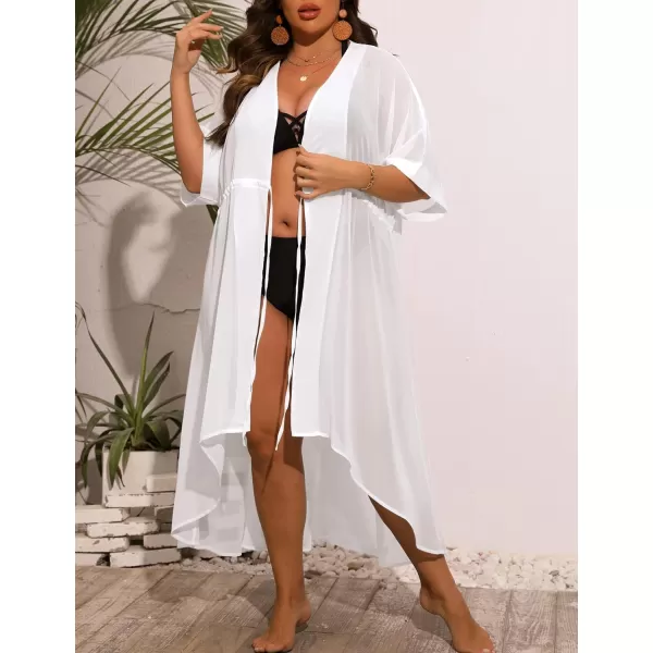 SWOMOG Women Cover Ups Plus Size Swimsuit Chiffon Kimono Long Cardigan Open Front Bathing Suit Summer Flowy Bikini BeachwearWhite